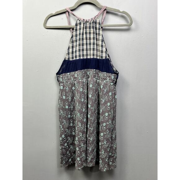 Free people Mini dress Womens medium Contrast Plaid Embroidered Mini Boho Blue - Picture 2 of 8